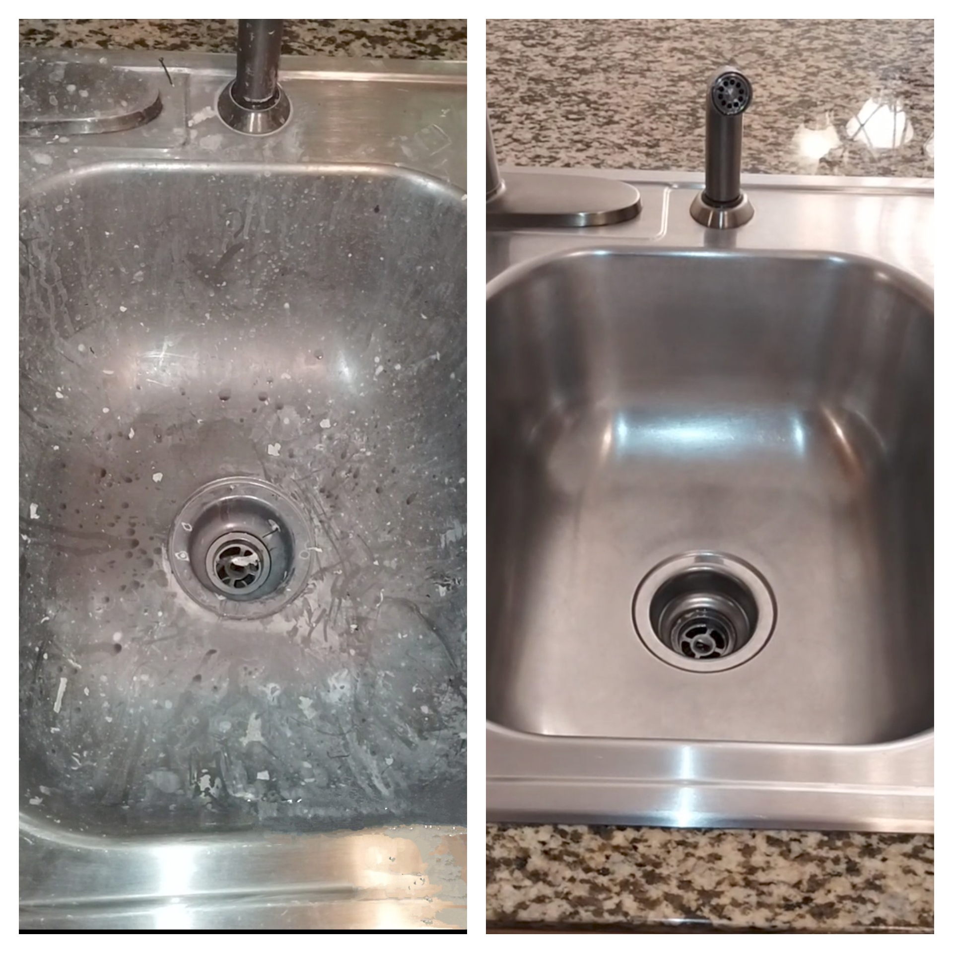 Before and after of a stainless steel sink, transformed from spotted and grimy to polished and shining